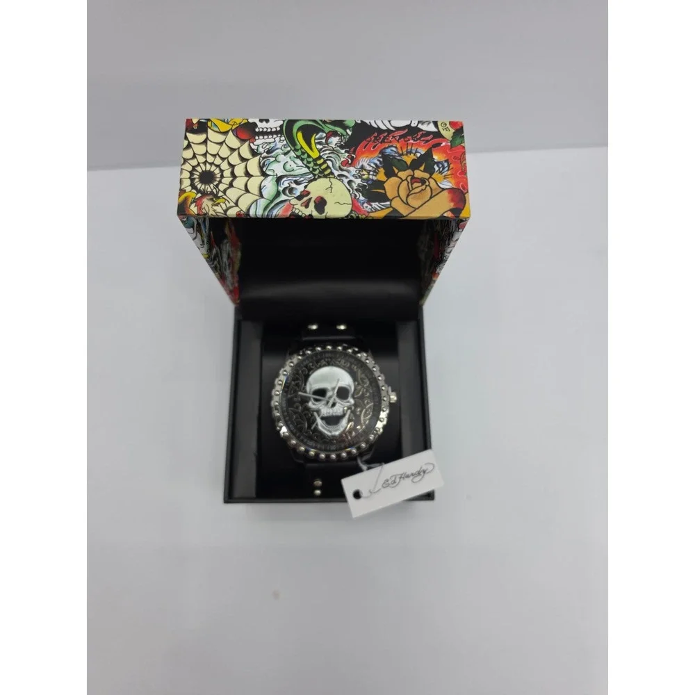 New Ed Hardy Mens Skull Watch Black Leather Studded‎ Cuff Strap